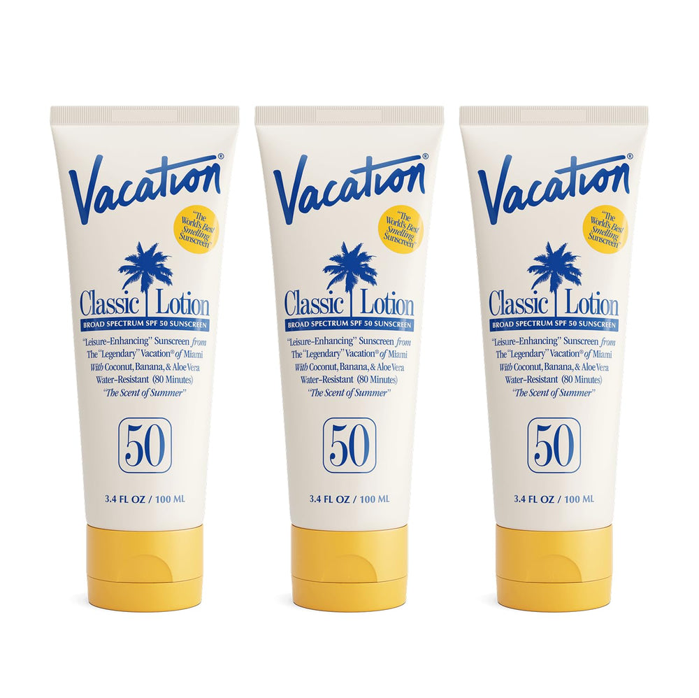 Vacation Classic Sunscreen Lotion SPF 50 bottle with invisible finish on all skin tones.