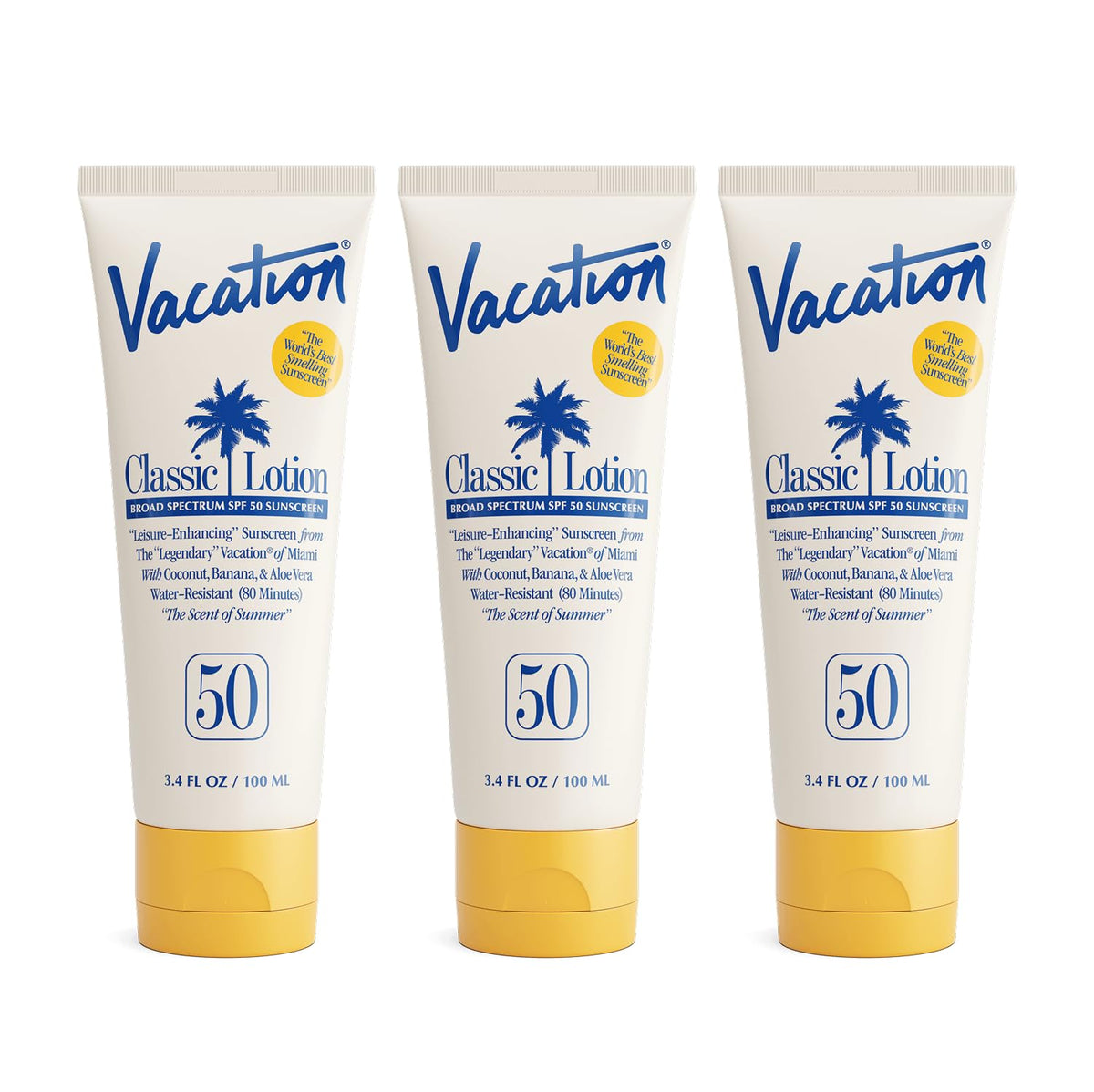 Vacation Classic Sunscreen Lotion SPF 50 bottle with invisible finish on all skin tones.