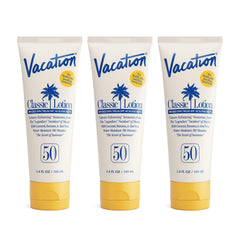 Vacation Classic Sunscreen Lotion SPF 50 bottle with invisible finish on all skin tones.