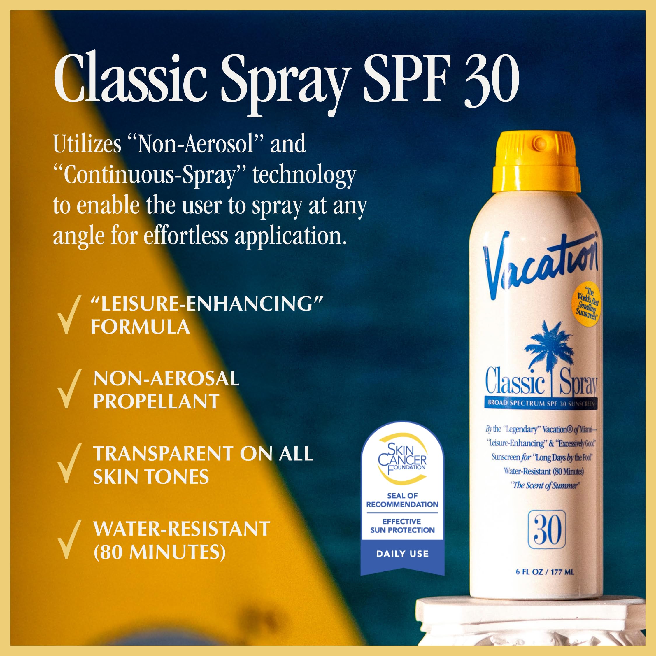 Vacation Classic Sunscreen Spray SPF 30 angled spray demonstrates easy application.