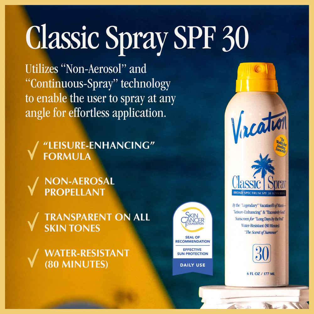 Vacation Classic Sunscreen Spray SPF 30 angled spray demonstrates easy application.