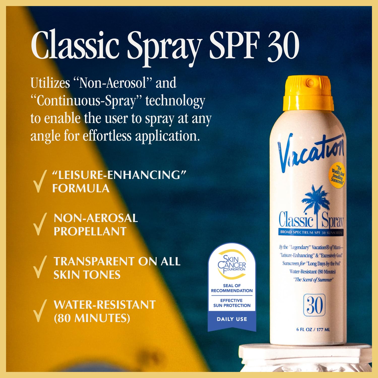 Vacation Classic Sunscreen Spray demonstrates continuous spray from any angle.