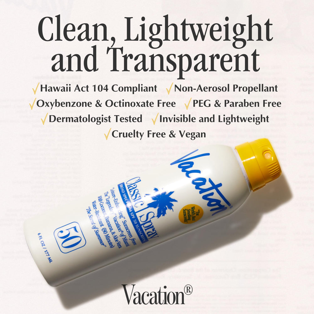 Vacation Classic Sunscreen Spray SPF 50 application close-up illustrating invisible finish.