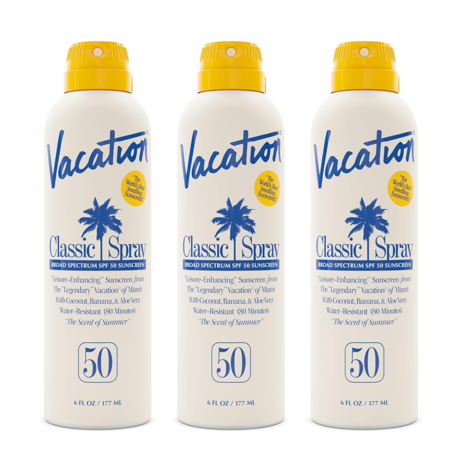 Vacation Classic Sunscreen Spray SPF 50 front view, lightweight and non-greasy for all skin tones.