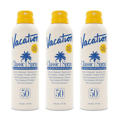 Vacation Classic Sunscreen Spray SPF 50 front view, lightweight and non-greasy for all skin tones.