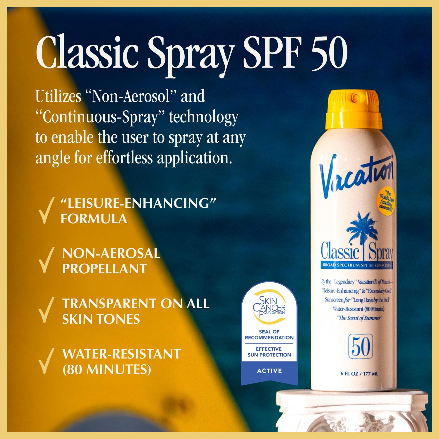 Vacation Classic Sunscreen Spray SPF 50 side angle highlighting spray technology for easy application.