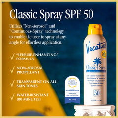 Vacation Classic Sunscreen Spray SPF 50 side angle highlighting spray technology for easy application.
