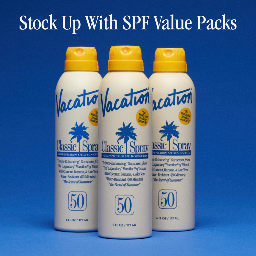 Vacation Classic Sunscreen Spray SPF 50 upside-down spray angle demonstration.