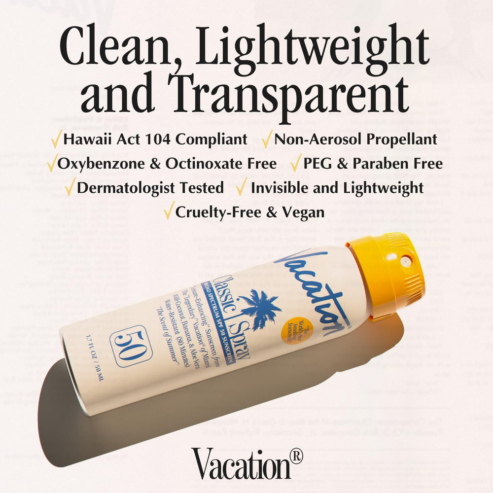 Vacation clean, lightweight formula that absorbs quickly on skin.