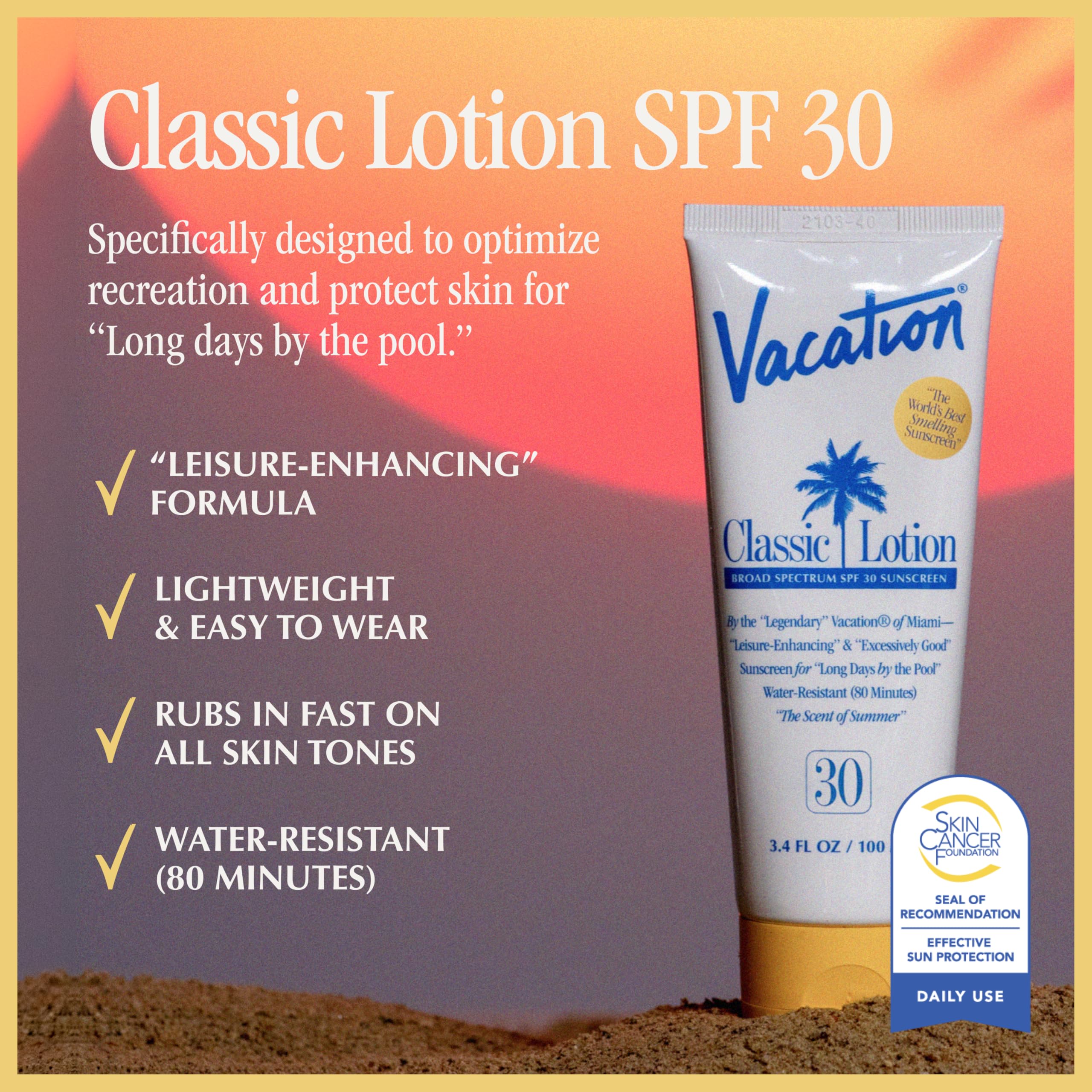 Vacation crema solar SPF 30, resistente al agua para aventuras al aire libre.