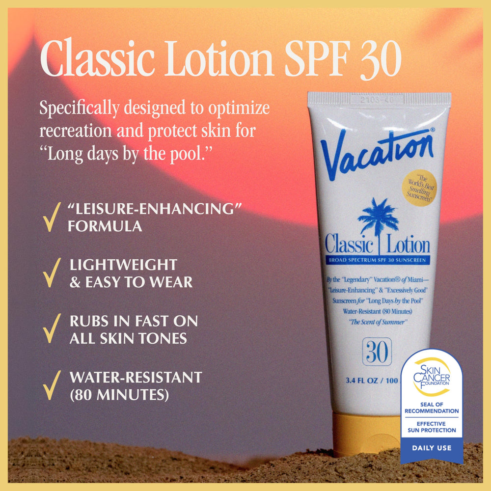 Vacation crema solar SPF 30, resistente al agua para aventuras al aire libre.