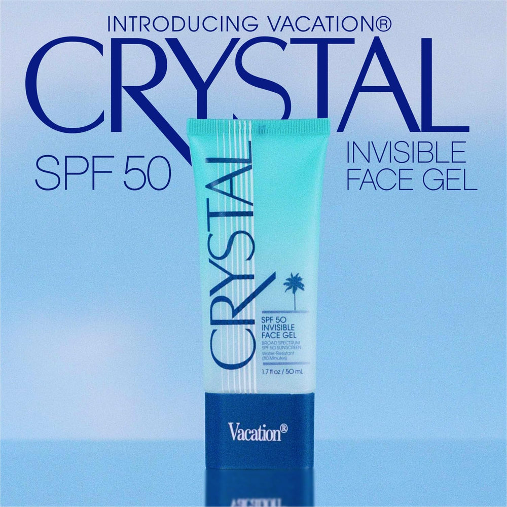 Vacation Crystal SPF 50 Face Gel clear swatch on skin with no white cast