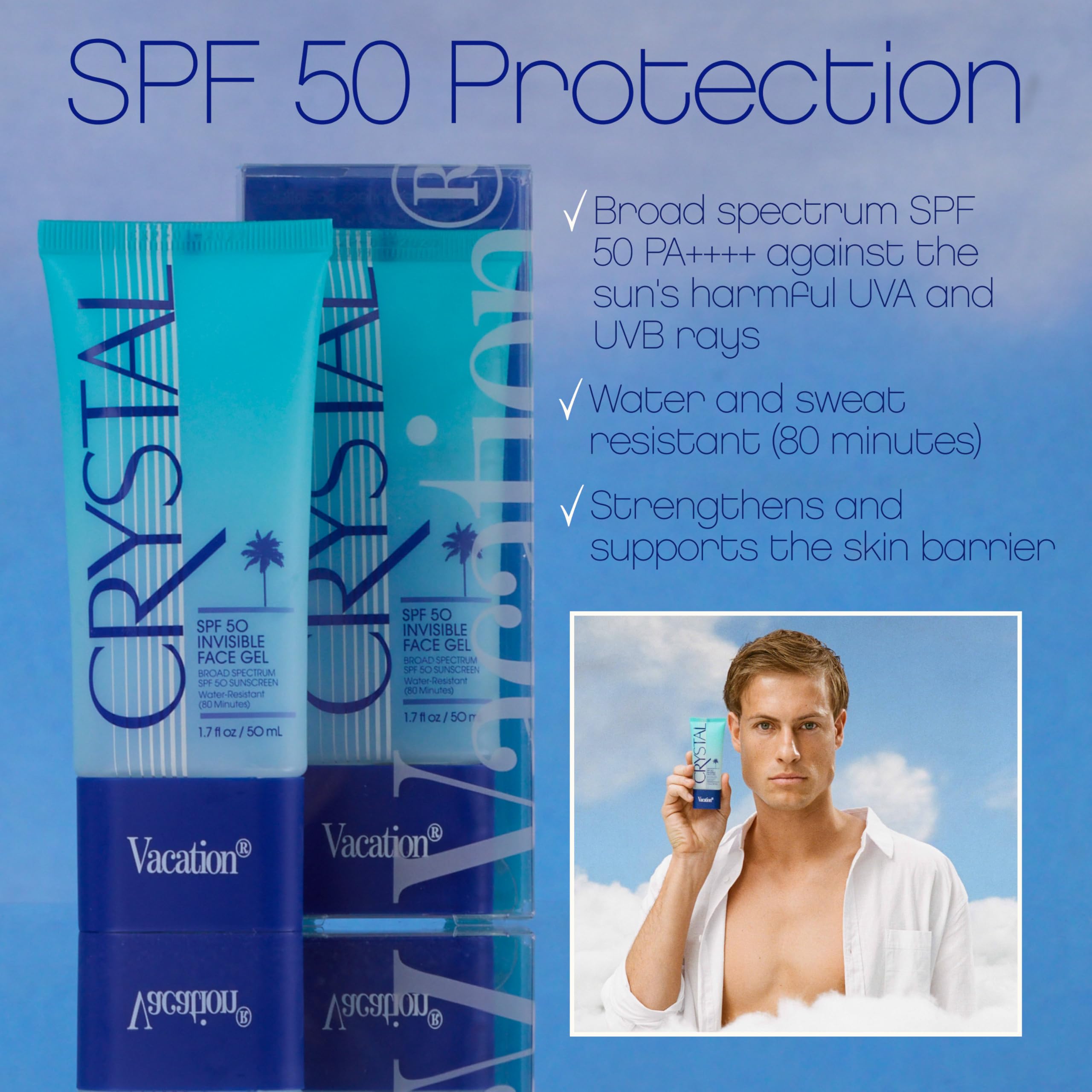 Vacation Crystal SPF 50 Face Gel travel size 1.7 oz in travel pouch