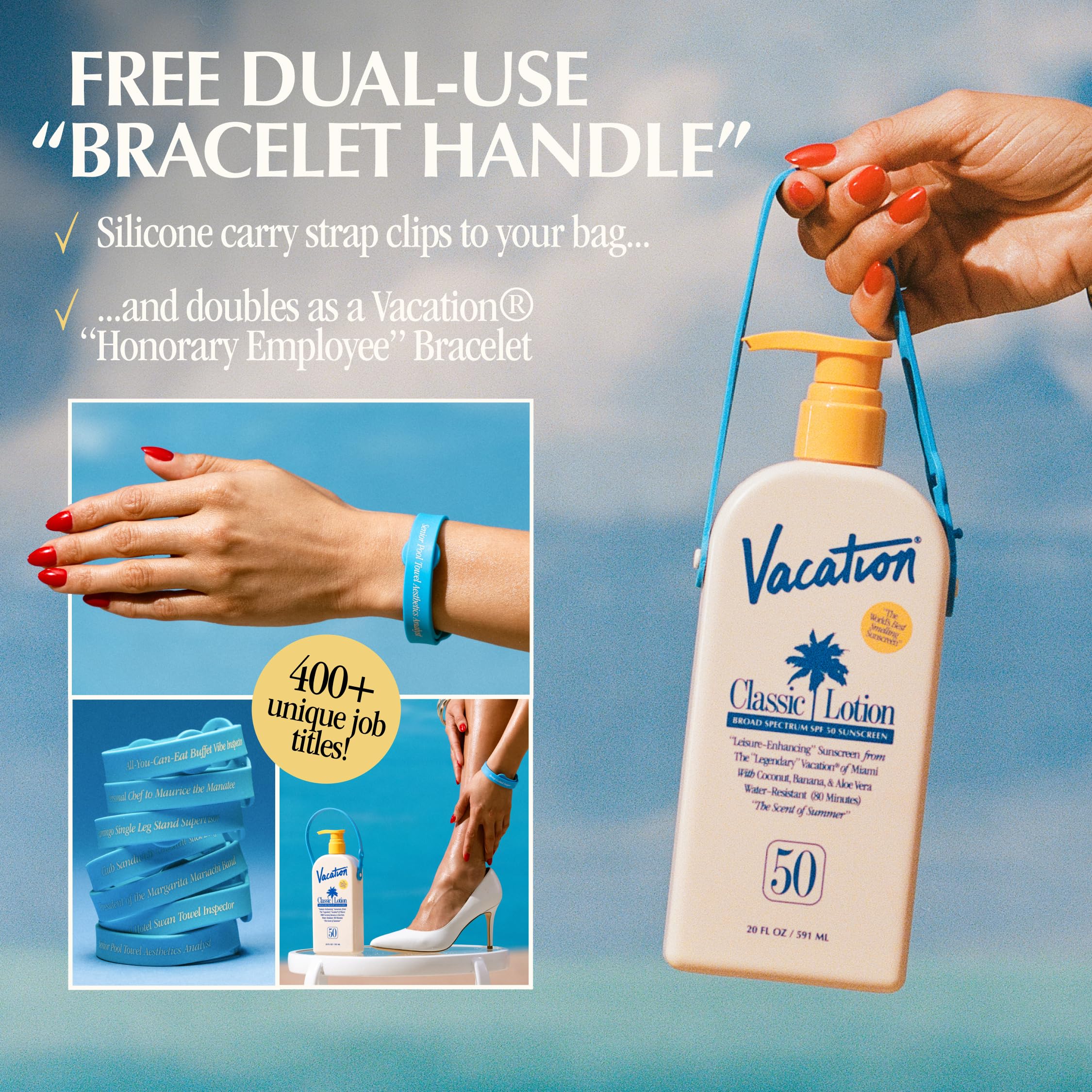 Detachable bracelet accessory included with Vacation sunscreen as a playful bonus