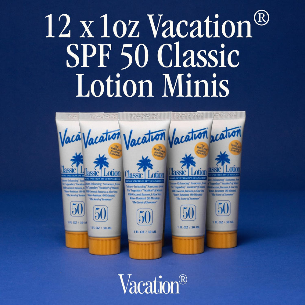 Vacation Mini Classic Lotion SPF 50 mini pack shows 12 samples, ideal party favors