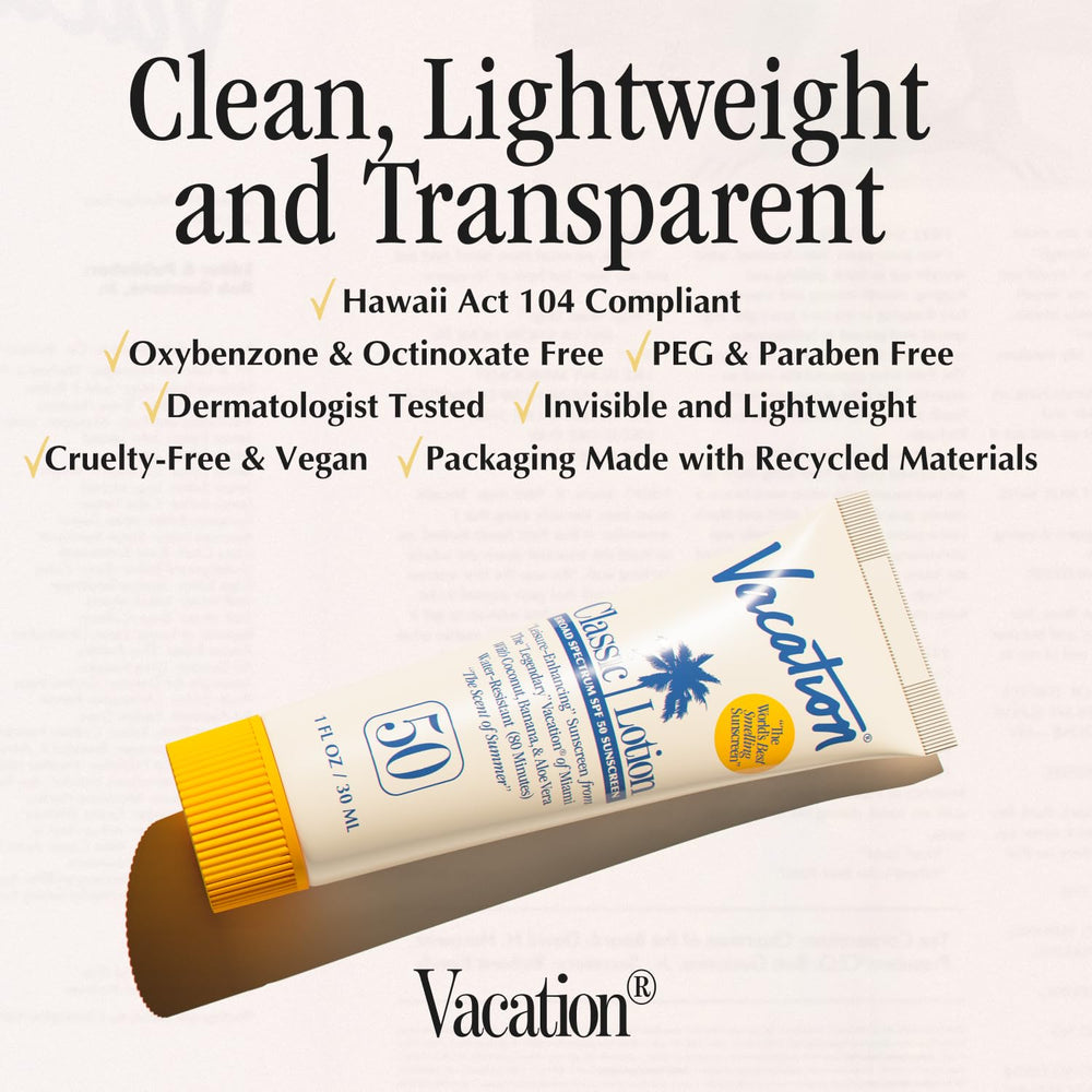 Vacation Mini Classic Lotion SPF 50 texture demonstration, smooth rub-in on skin