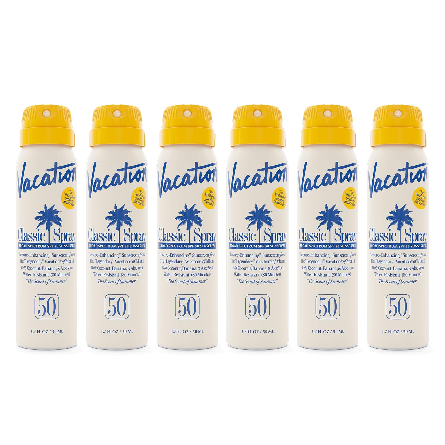 Vacation Mini Classic Sunscreen Spray SPF 50 six-pack ready for the beach.