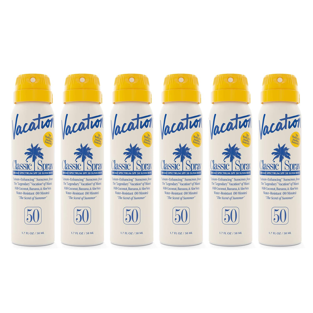Vacation Mini Classic Sunscreen Spray SPF 50 six-pack ready for the beach.