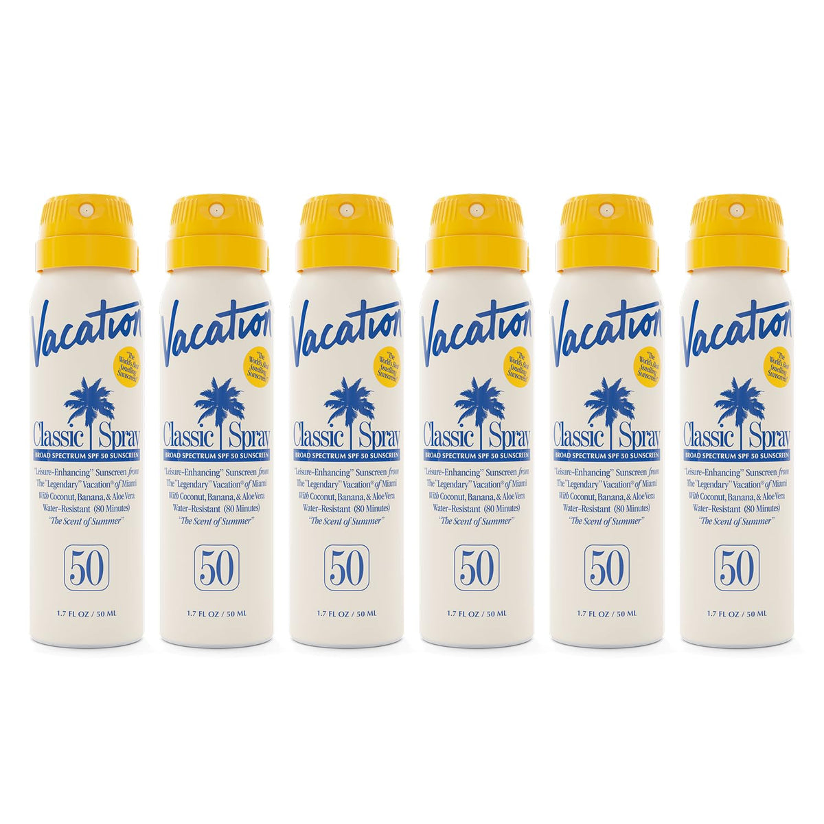 Vacation Mini Classic Sunscreen Spray SPF 50 six-pack ready for the beach.