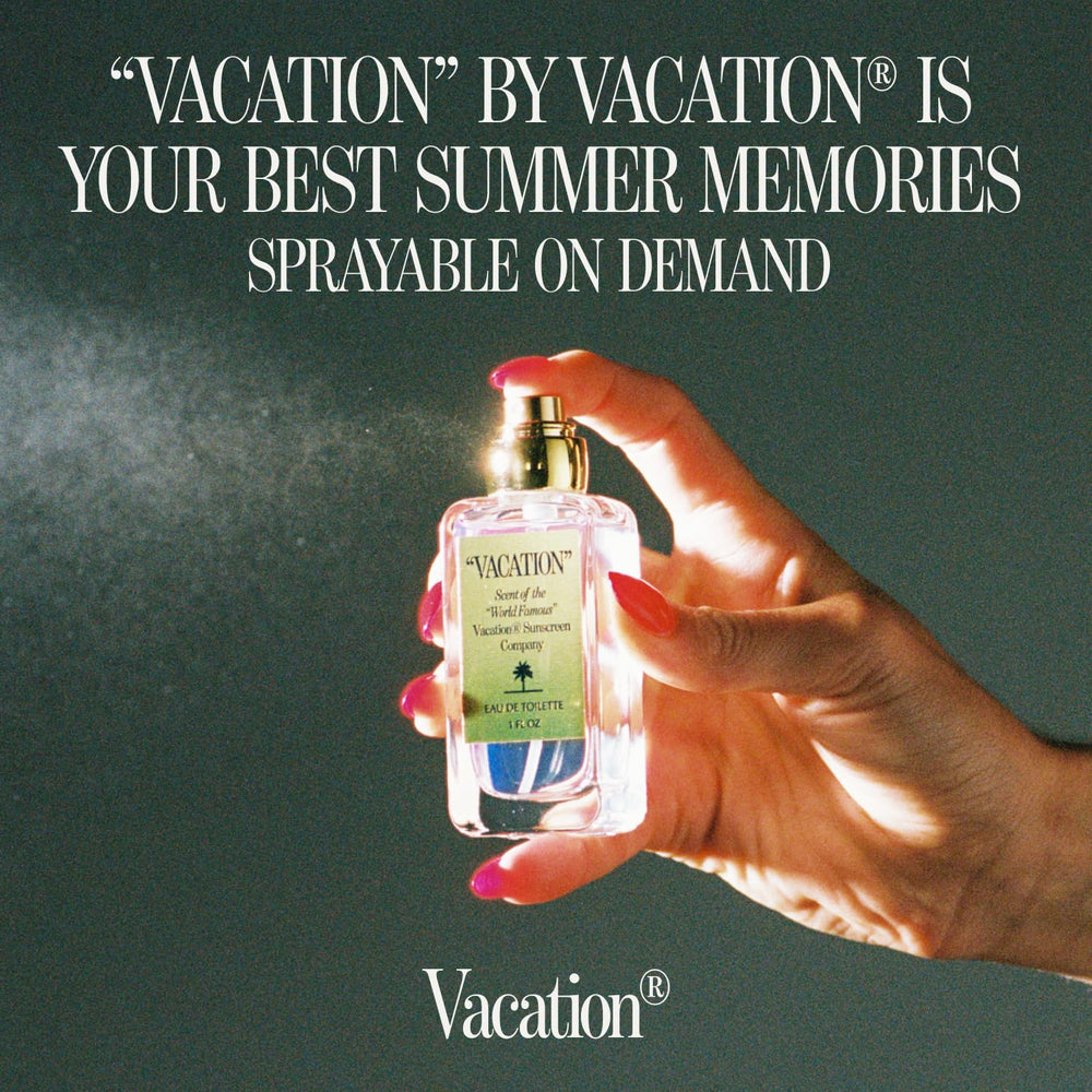  VACATION note pyramid display showcases top, heart, and base notes.