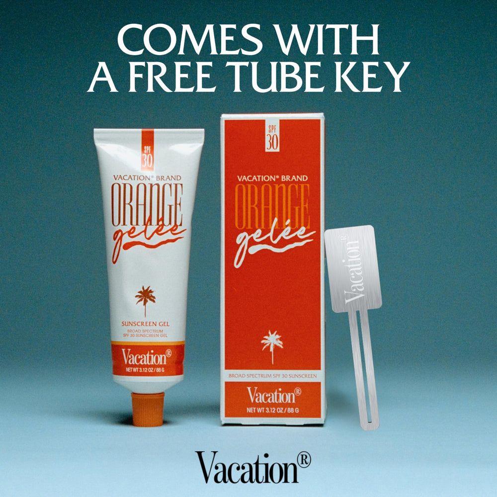 Vacation Orange Gelée travel-size tube beside compact bag for trips