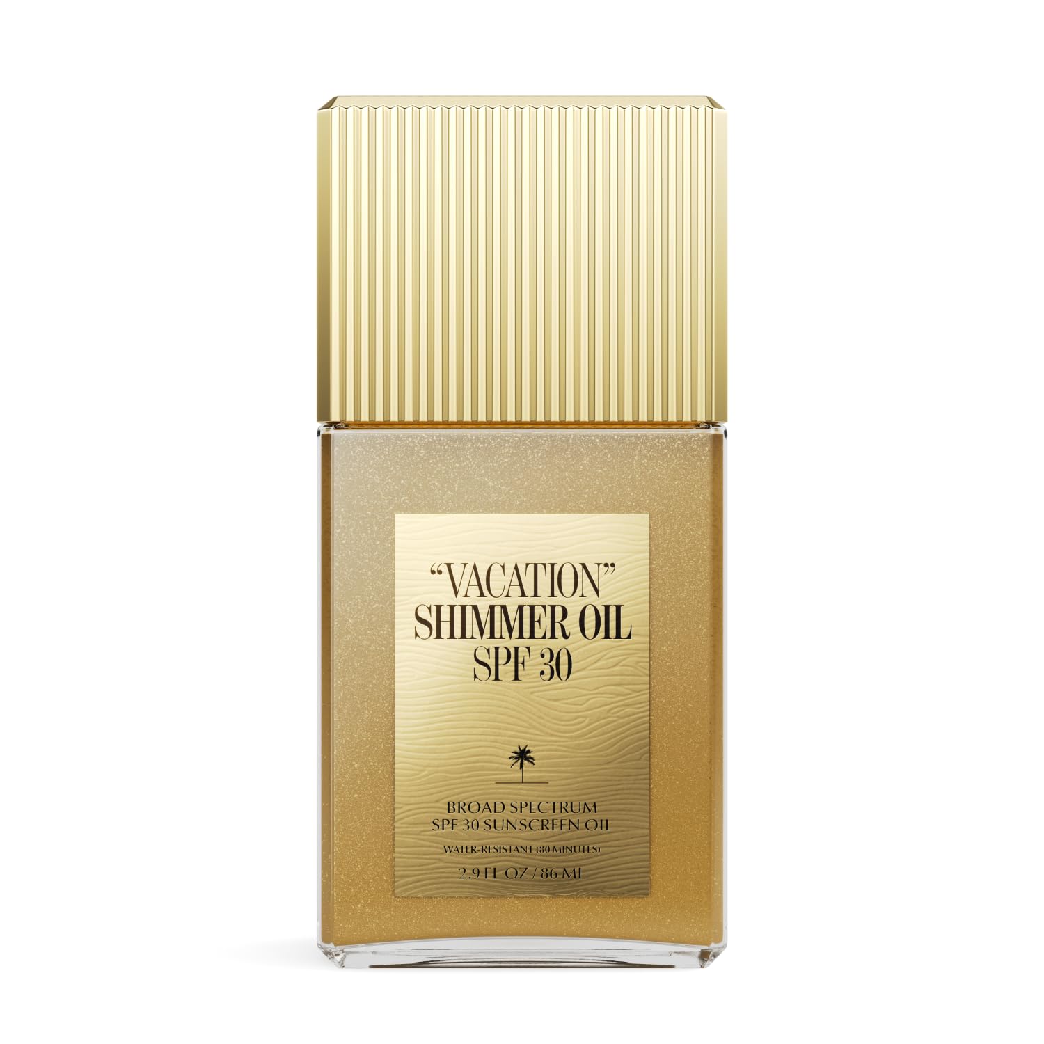 Vacation Shimmer Oil SPF 30 bottle offering radiant gold glow for all skin tones.