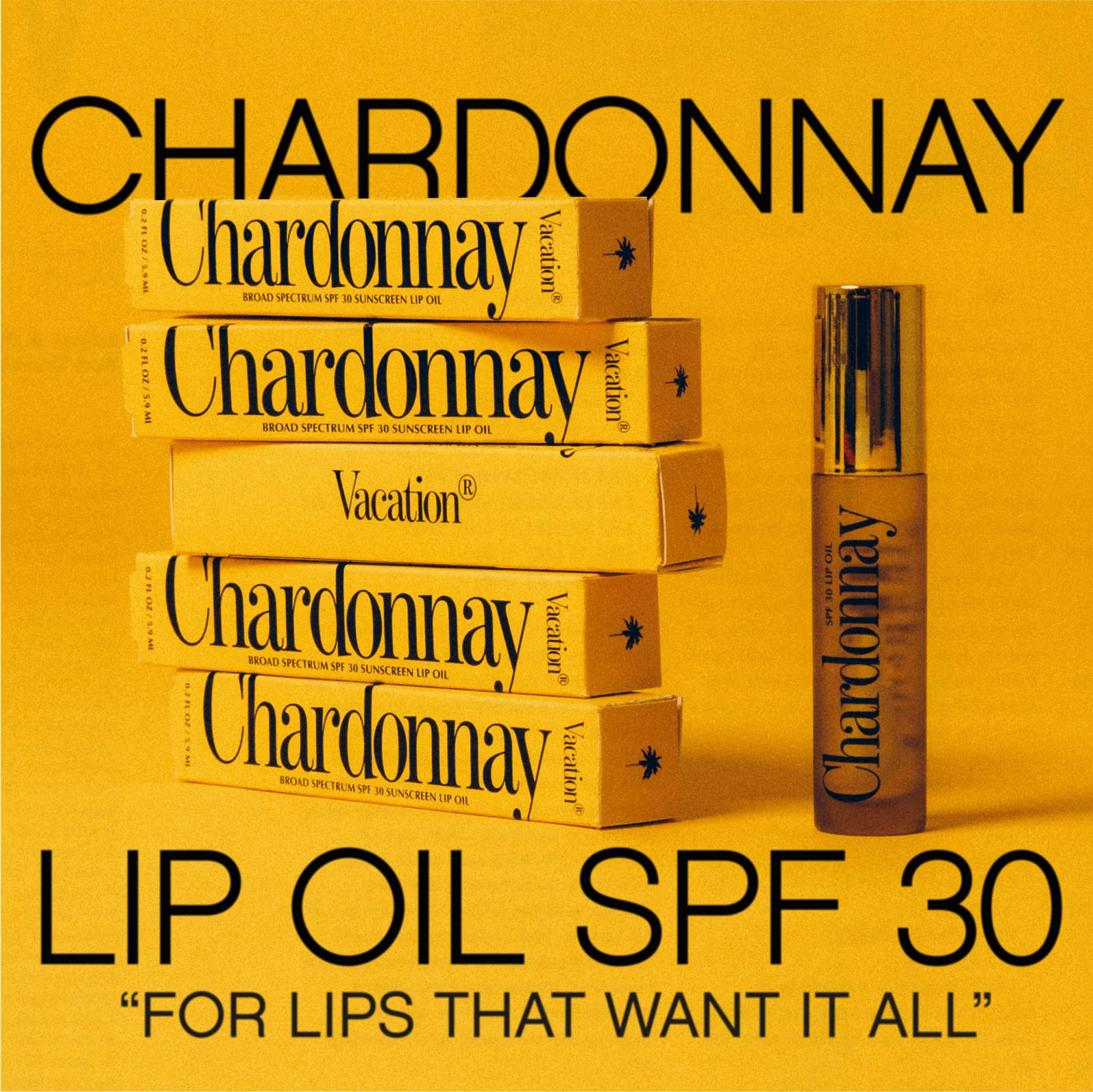 VACATION Aceite labial SPF 30 Chardonnay con brillo claro para un acabado tipo gloss.