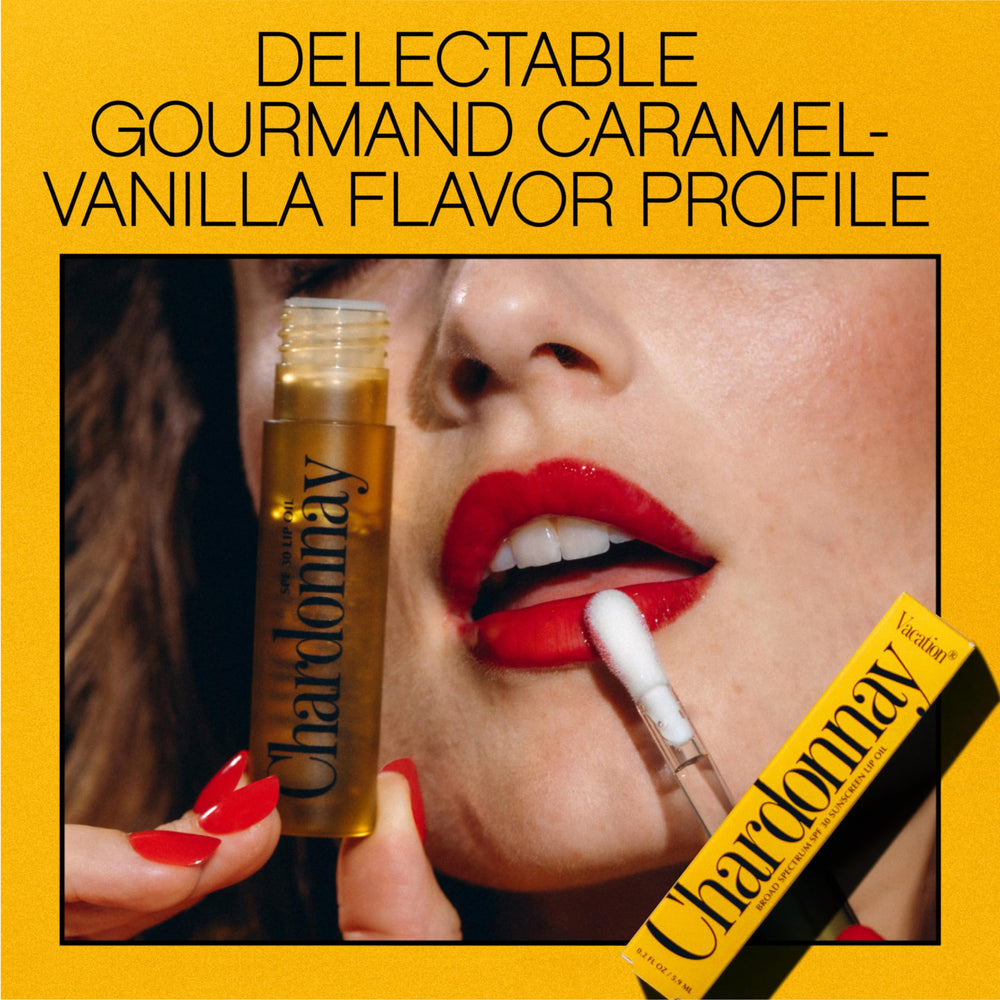 VACATION Aceite labial SPF 30 Chardonnay con diseño elegante para bolso.