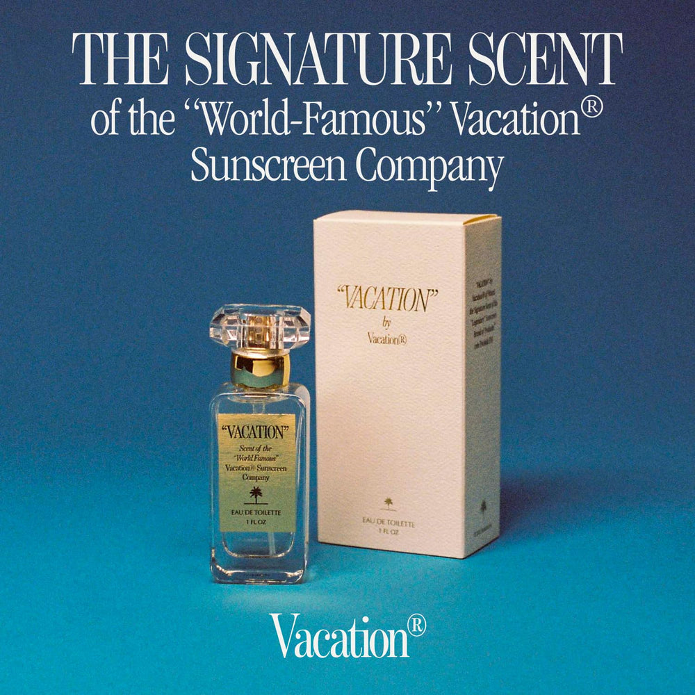 Close-up of VACATION sunscreen bottle cap indicating compact travel design.