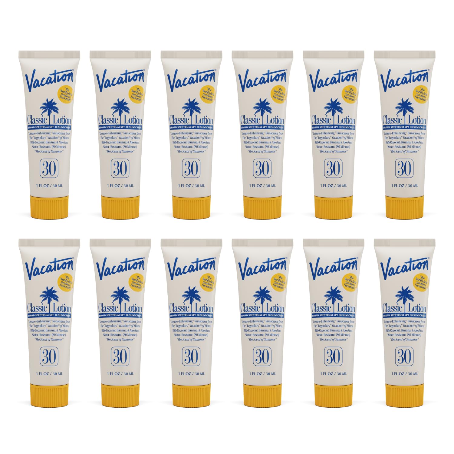 VACATION sunscreen mini SPF30 12-pack front view for travel protection.