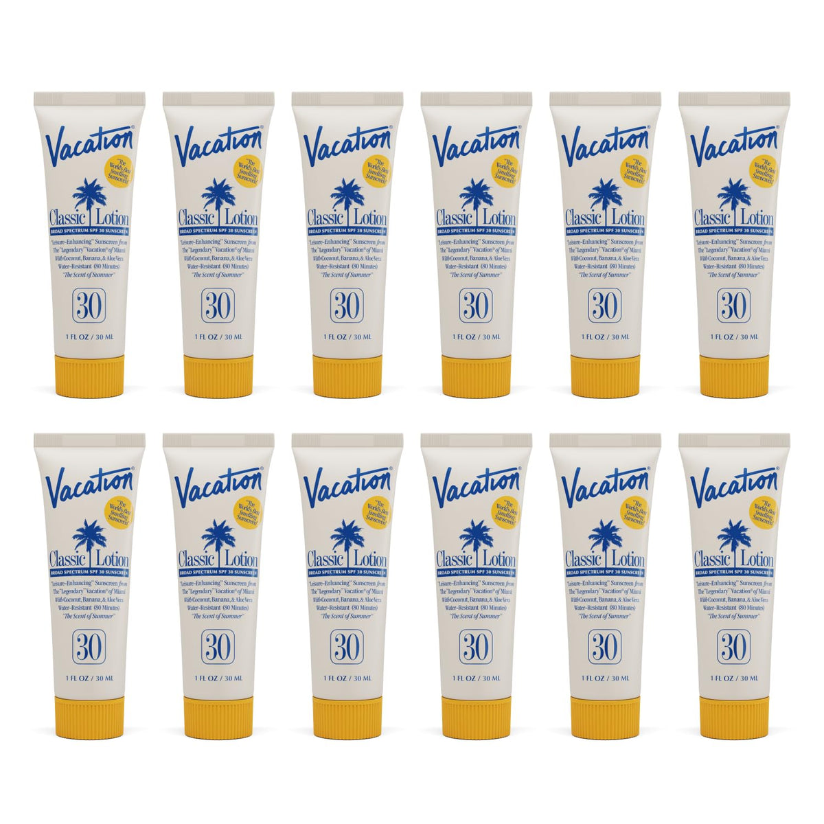 VACATION sunscreen mini SPF30 12-pack front view for travel protection.
