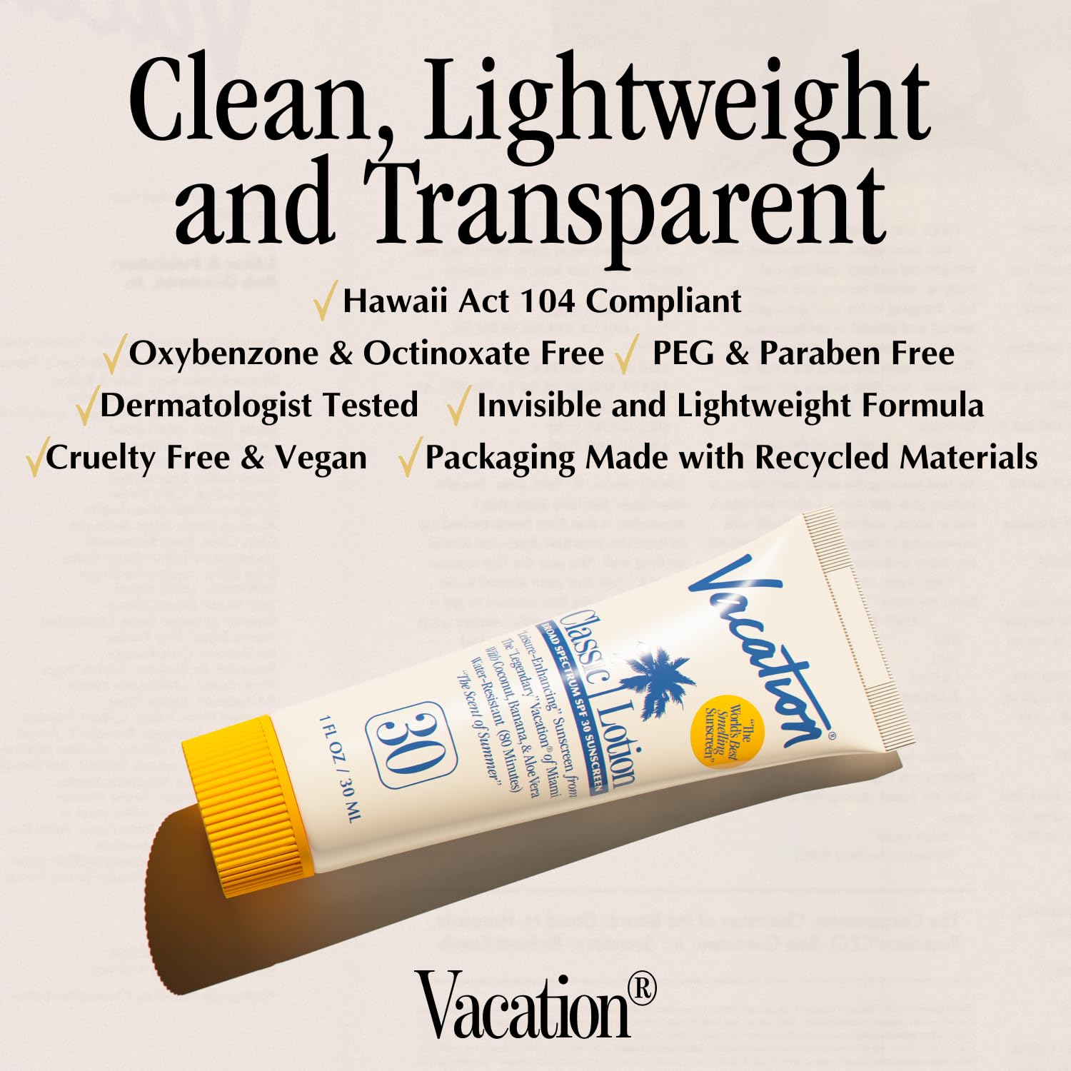 VACATION sunscreen mini SPF30 label close-up showing vegan, cruelty-free formula.