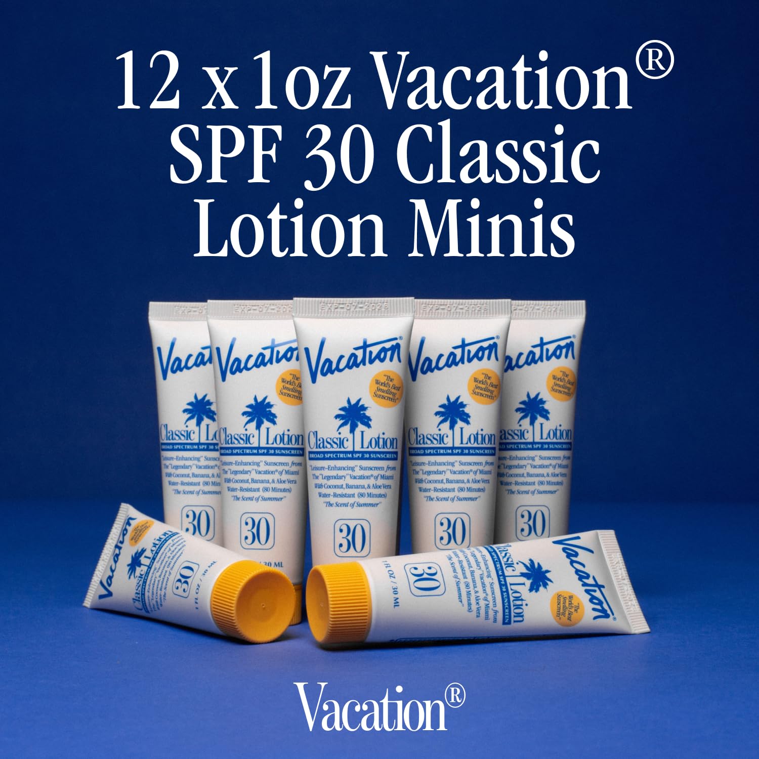 VACATION sunscreen mini SPF30 12-pack side view highlighting compact size.