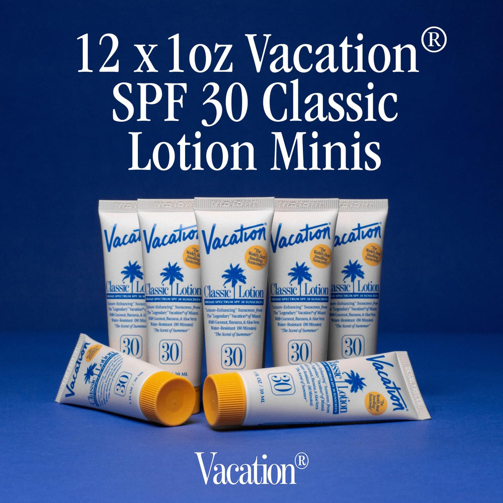 VACATION sunscreen mini SPF30 12-pack side view highlighting compact size.