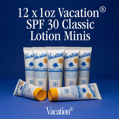 VACATION sunscreen mini SPF30 12-pack side view highlighting compact size.