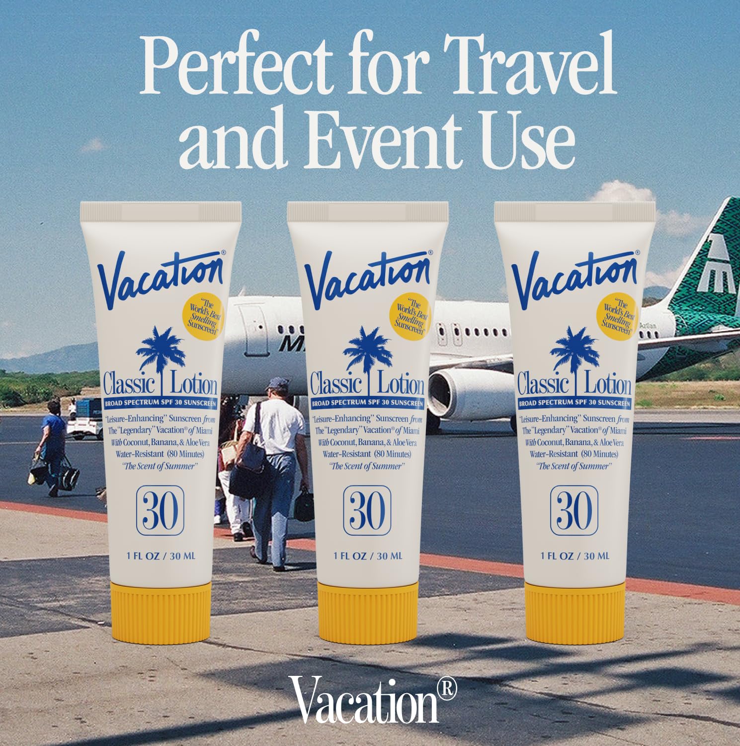 VACATION sunscreen mini SPF30 water-resistant bottle for beach days.