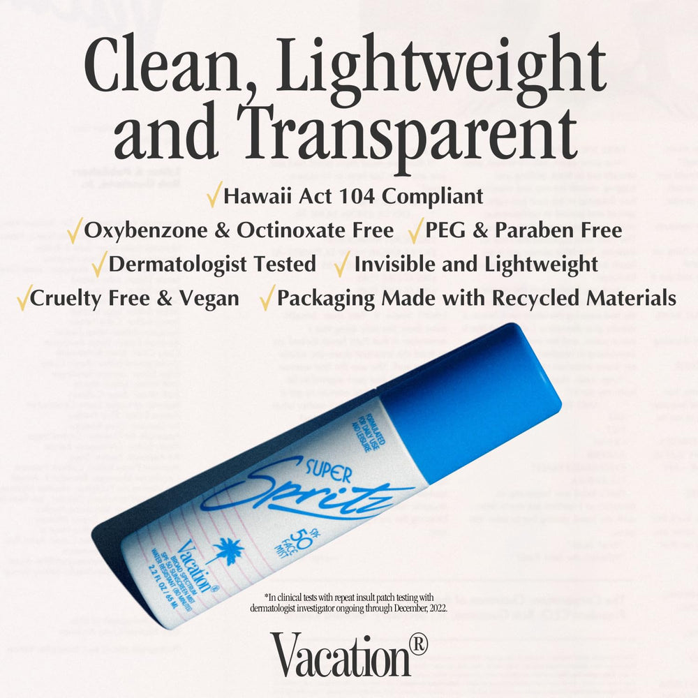 VACATION Super Spritz delivers a lightweight, invisible finish over makeup.