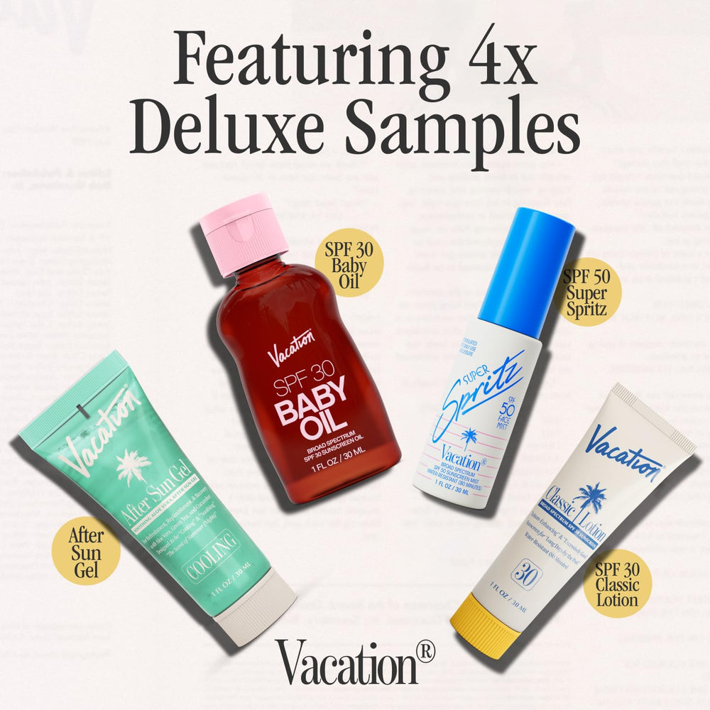 Vacation Super Spritz SPF 50 face mist on-the-go spray for makeup-ready protection.
