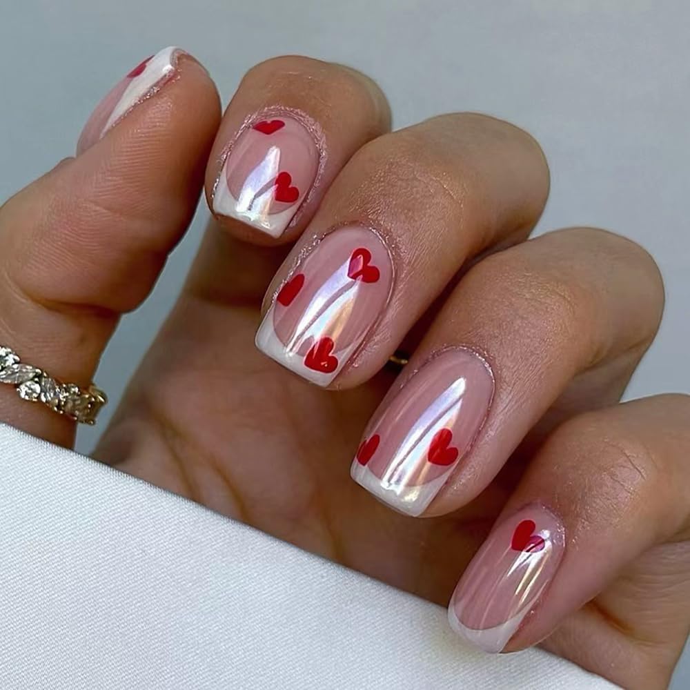 Valentines uñas adhesivas cuadradas cromo corazón: brillo duradero para ocasiones.