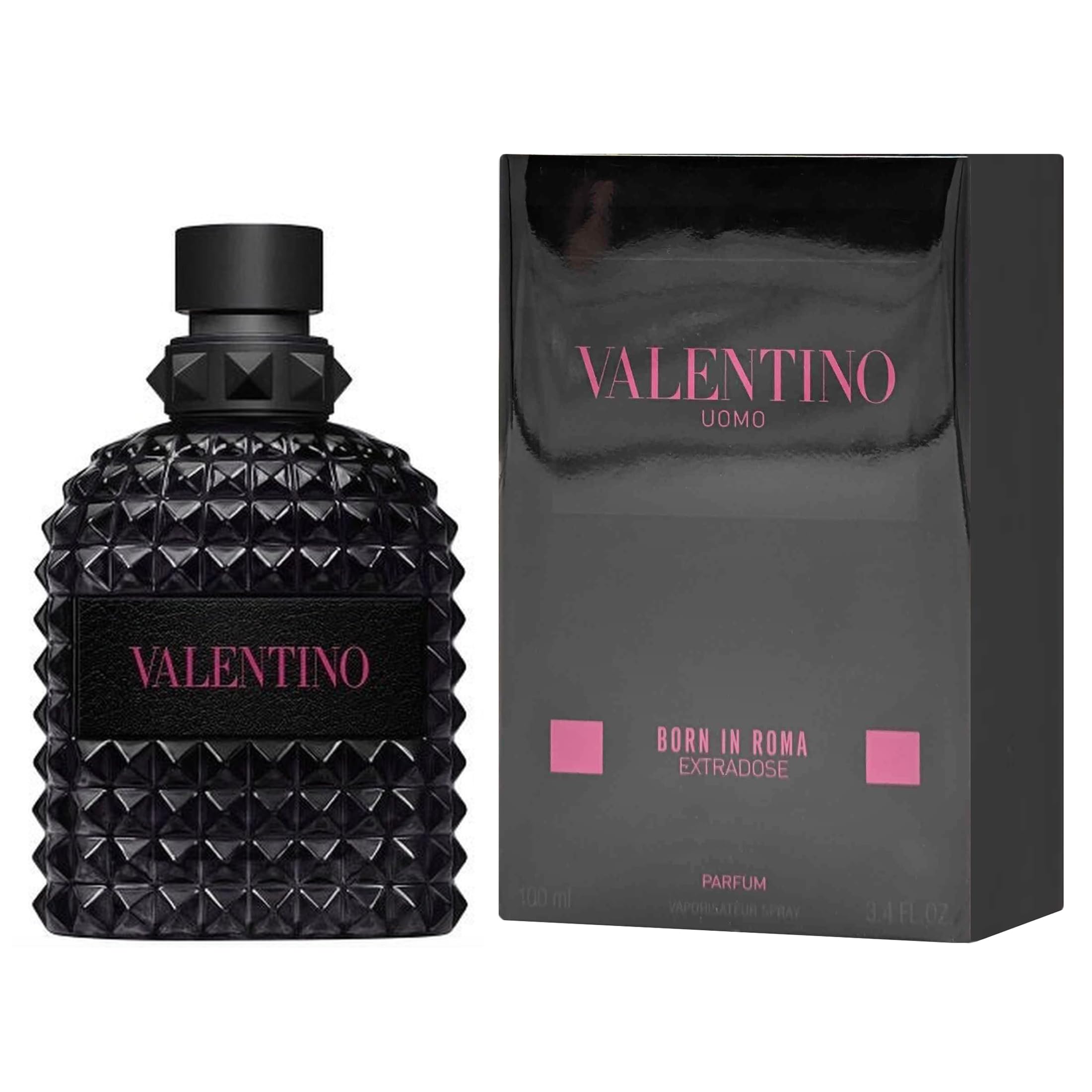 Valentino Uomo Born In Roma Extradose bottle highlights rich woody scent for evening wear.