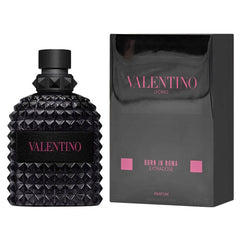 Valentino Uomo Born In Roma Extradose bottle highlights rich woody scent for evening wear.
