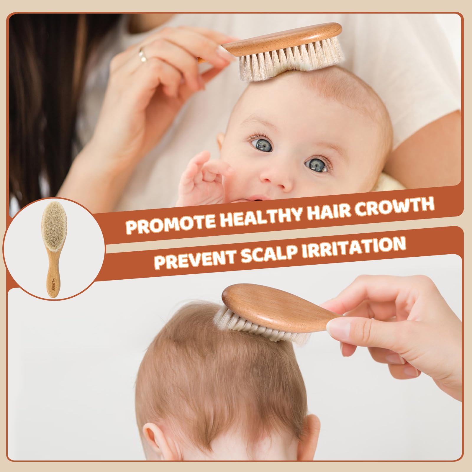 VALENTISE gift-ready wooden baby brush on nursery shelf for newborn gift.