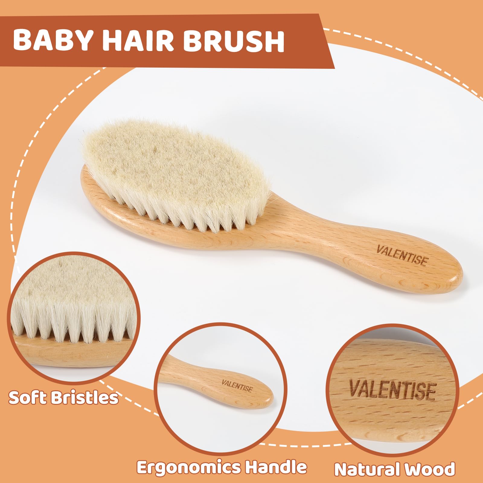 VALENTISE wooden baby hair brush ergonomic design closeup showing comfortable grip.