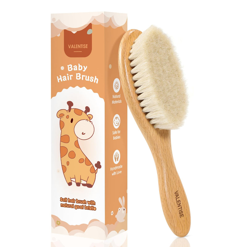 VALENTISE Wooden Baby Hair Brush full view for gentle grooming of a delicate scalp.