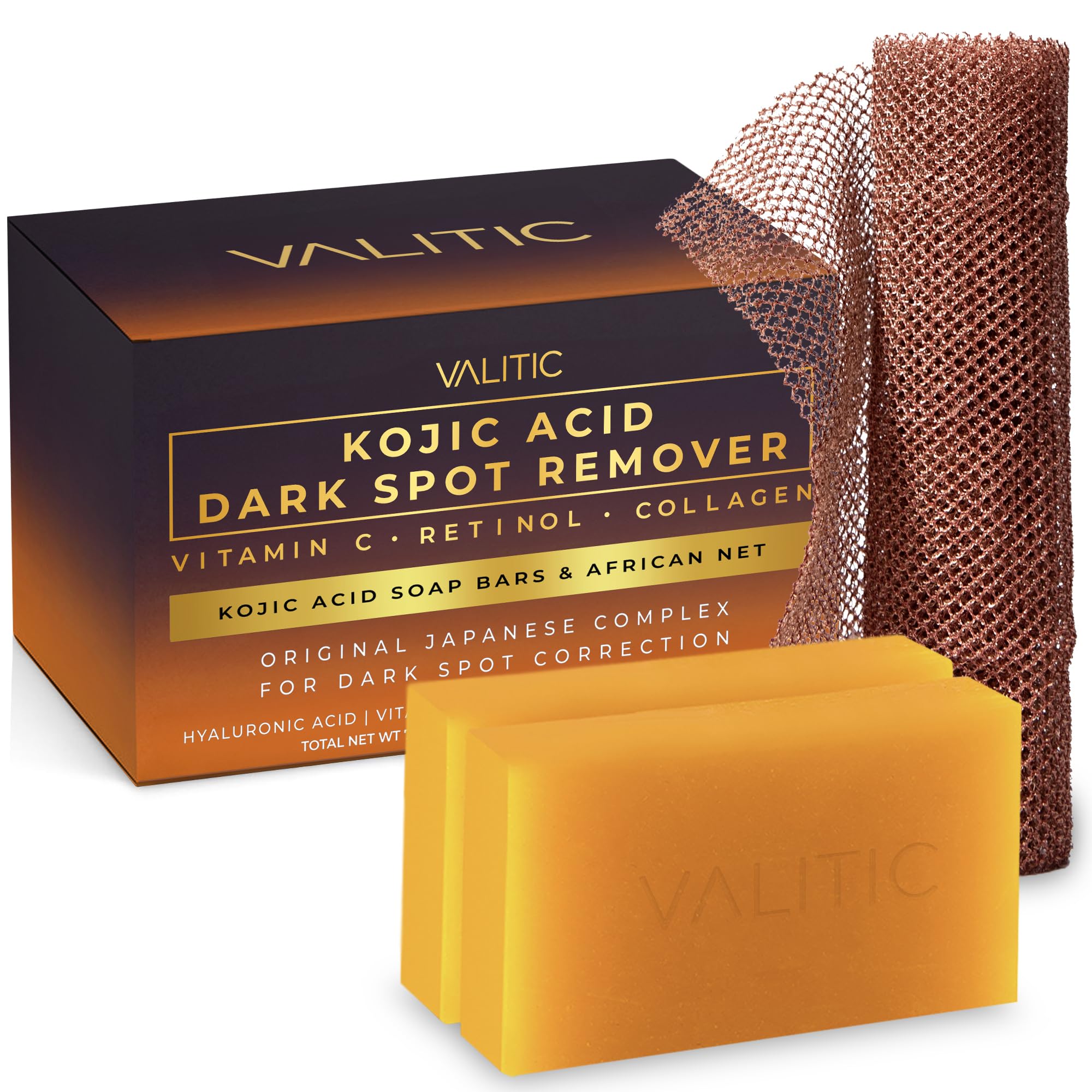 VALITIC jabón Kojico empaque: presentación limpia para rostro y cuerpo.