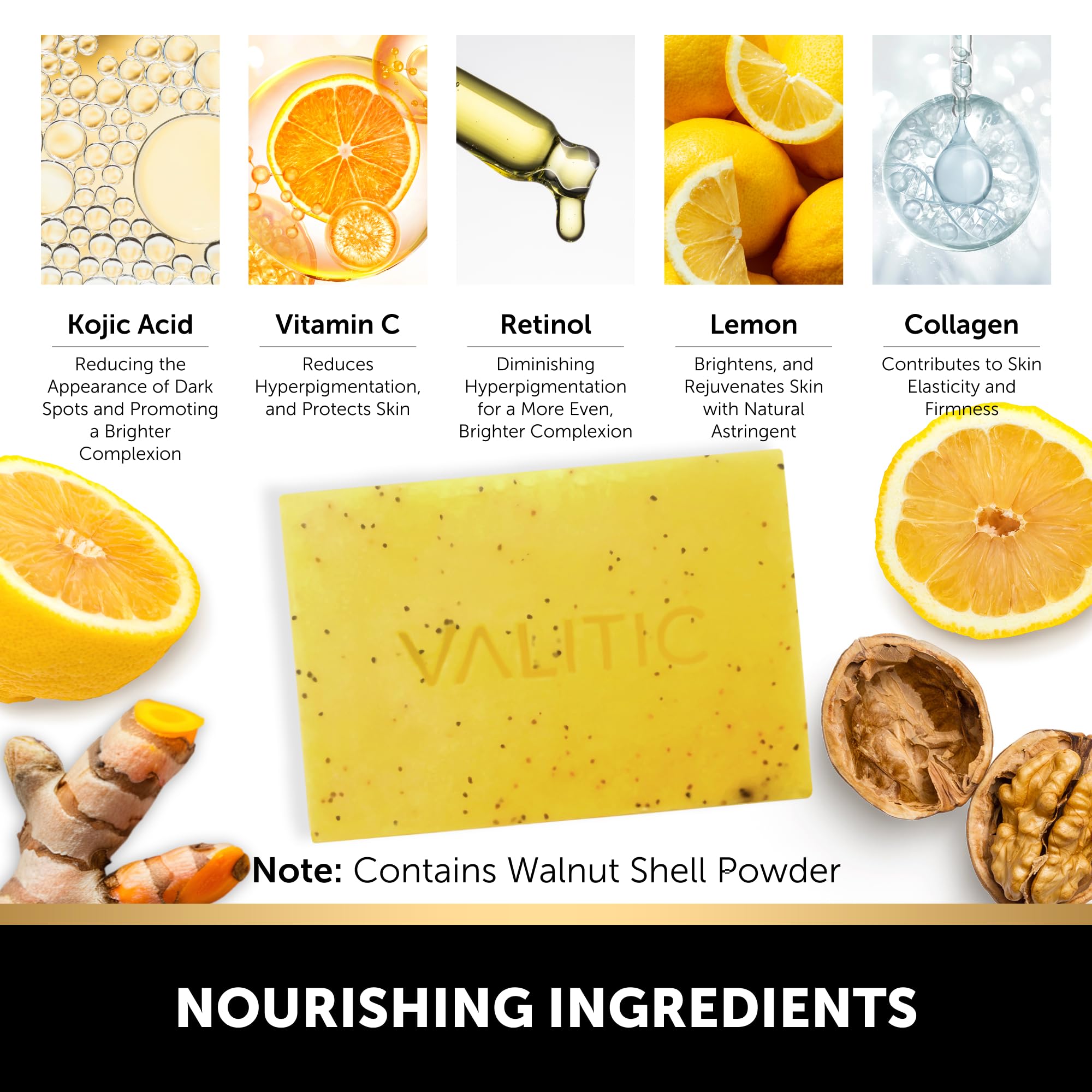 Valitic Lemon Turmeric Soap ingredients label highlights kojic acid and vitamins