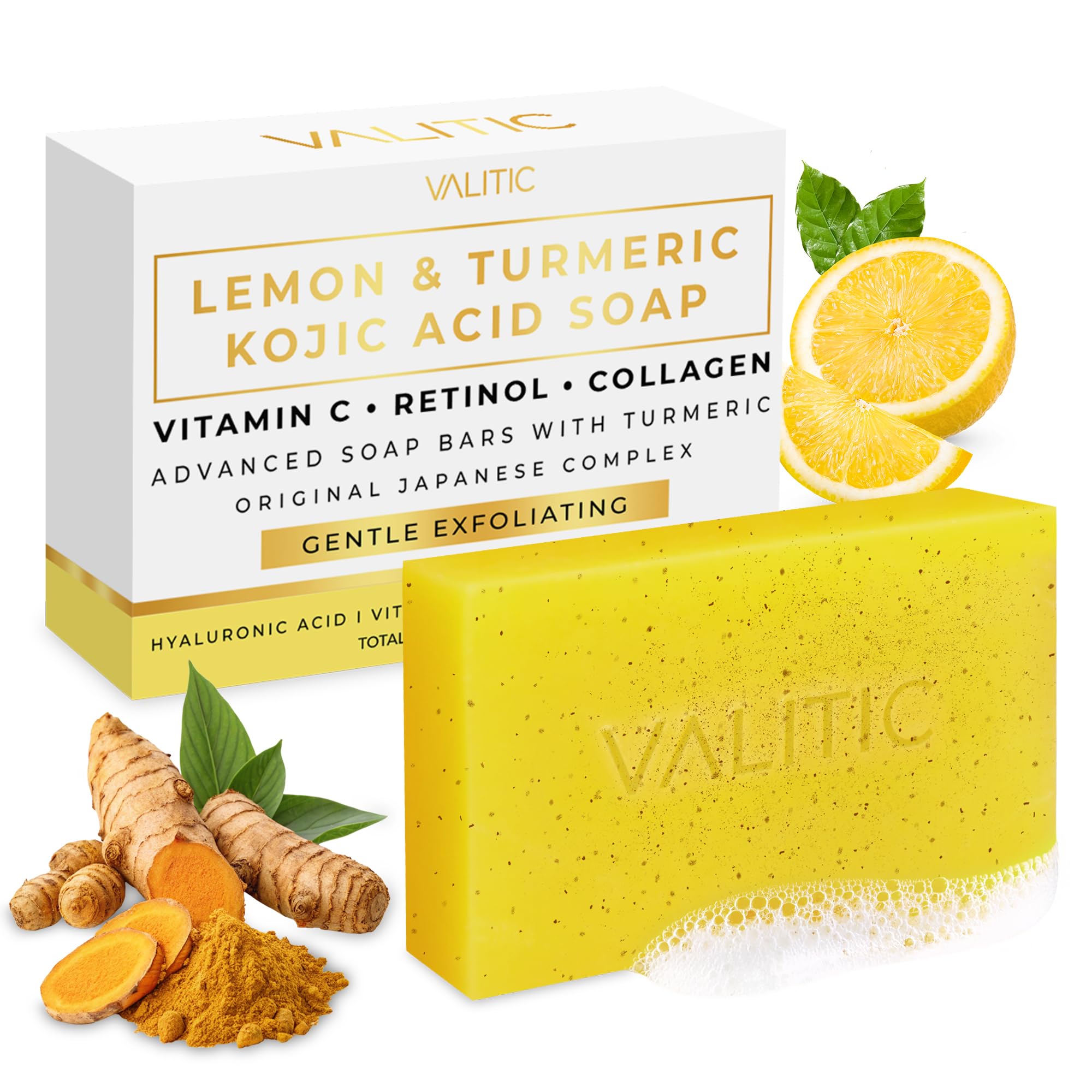 Valitic Lemon Turmeric Soap pack front highlights brightening for face and body
