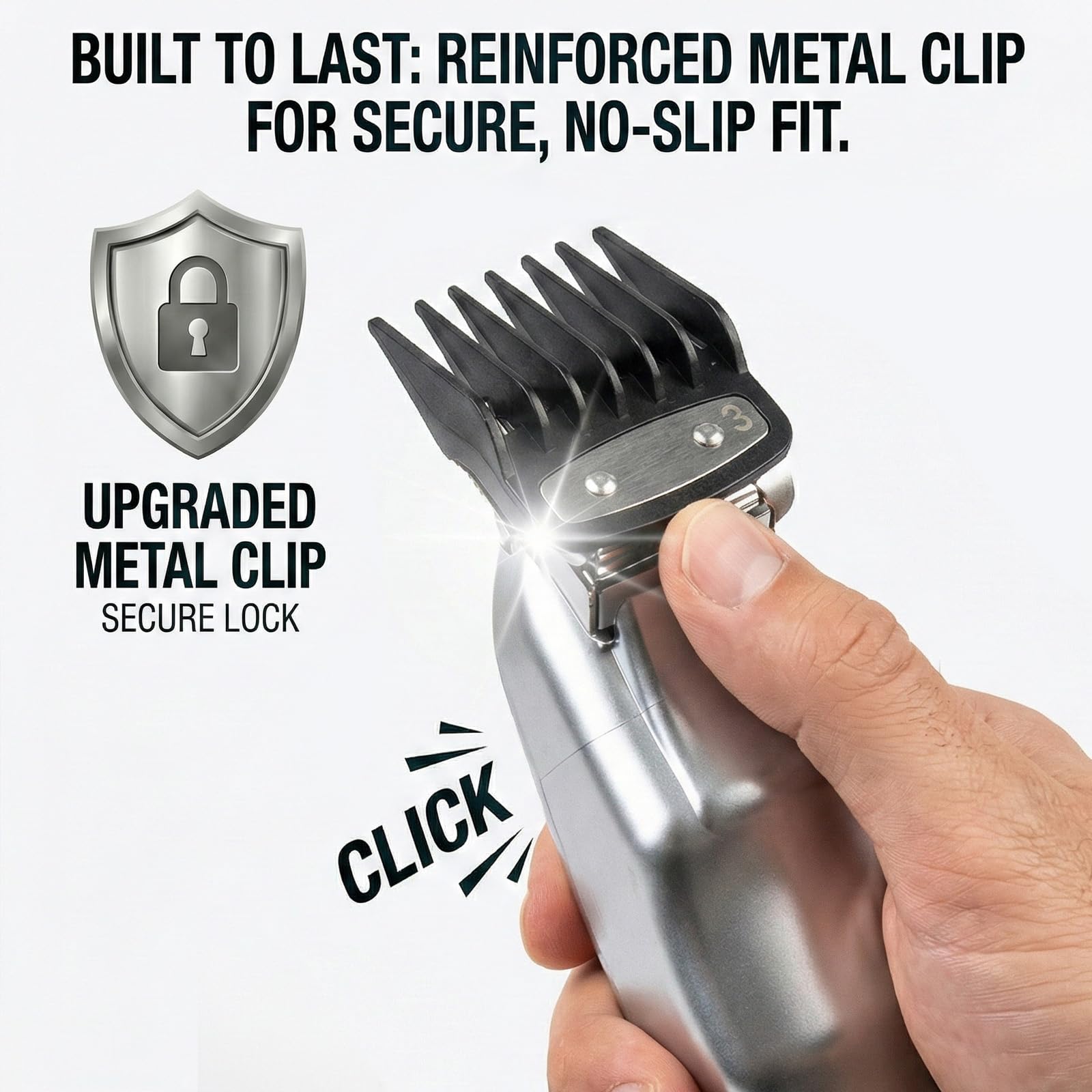 VALLNEI metal clip design keeps guards locked during fades
