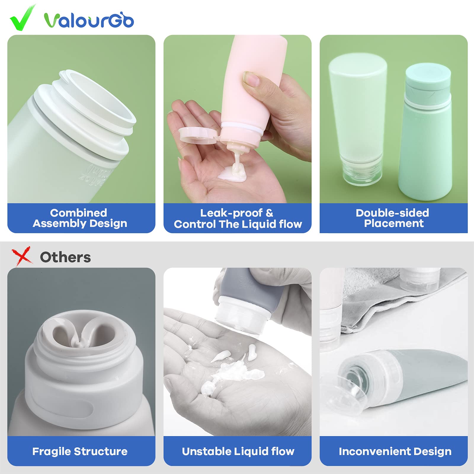 Valourgo BPA-free silicone bottles for safe, versatile travel storage.