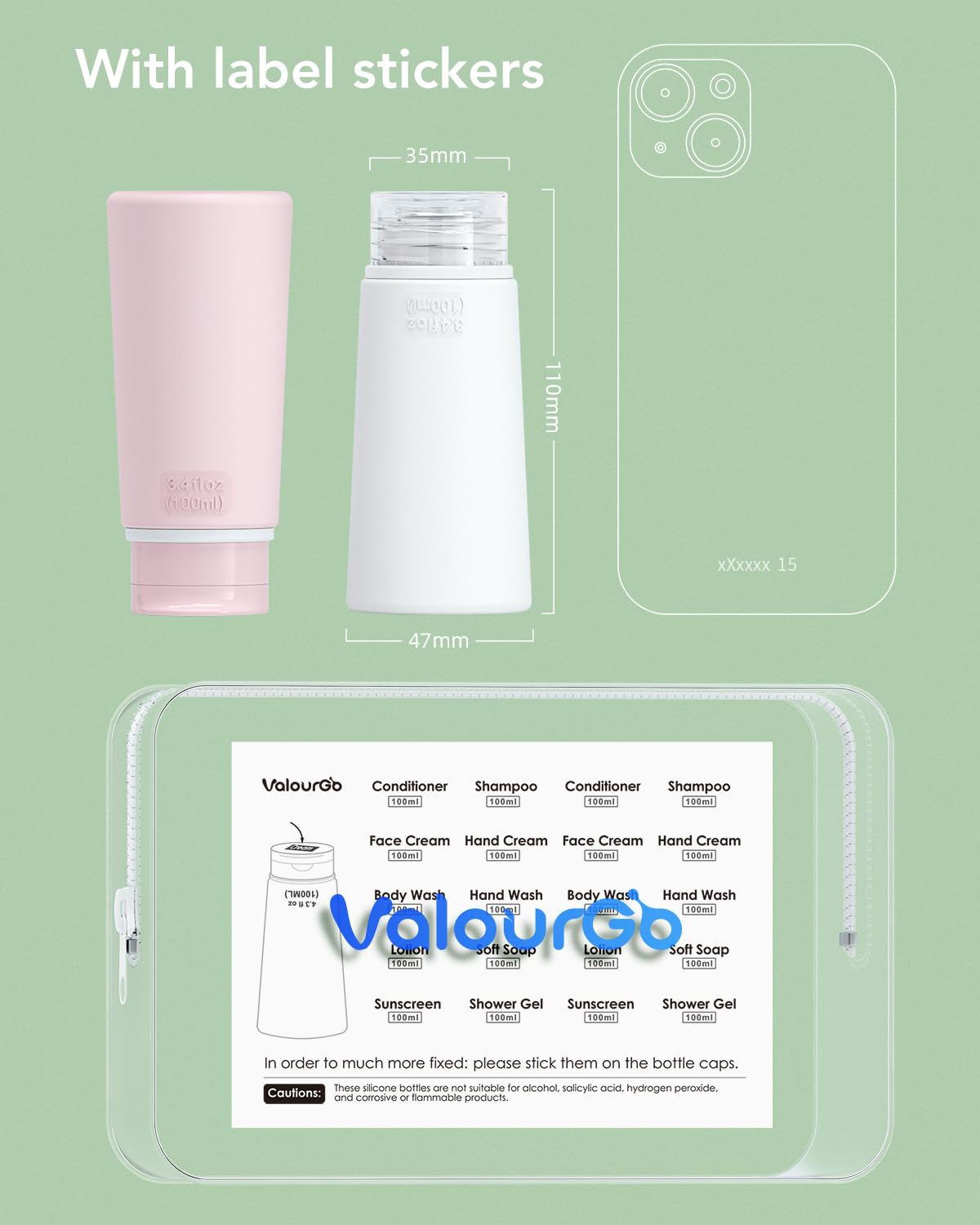 Valourgo TSA-approved bottles suitable for carry-on security checks.